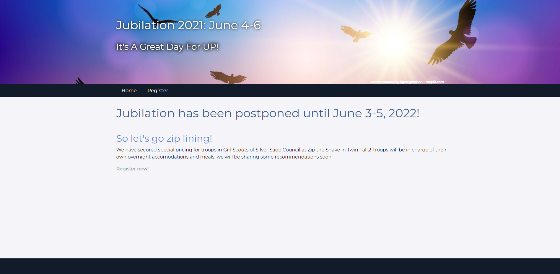Screenshot of the Jubilation home page as of April 2021